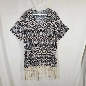 Catherine's Black and White Geometric Sheer Fringed Bathing Suit Coverup 2X - Picture 1 of 6
