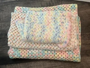 NEW Three Baby Girl Blankets Pink Yellow Handmade Crochet Throw Crib - Picture 1 of 5