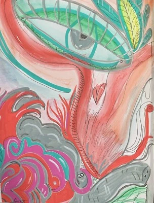 Papel de pintura abstrato Venus Flytraps tinta mídia mista carvalho humor - Imagem 1 de 4