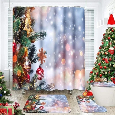 4x Merry Christmas Bathroom Set Tree Snowflake 72" Shower Curtain Home Decor Rug - Image 1 of 4