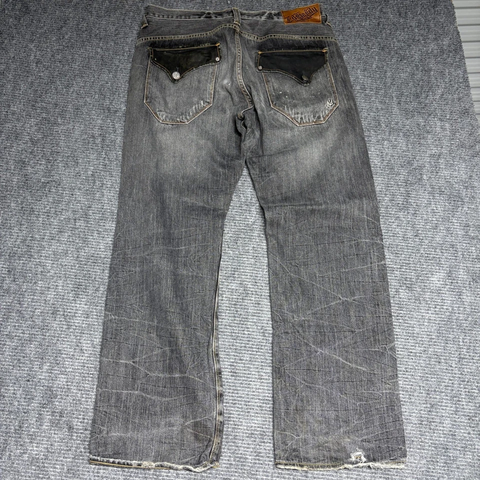 Pantalones de mezclilla Ed Hardy para hombre negros adornos de bolsillo de cuero lavado calce recto 38 34 Foto 1 de 4