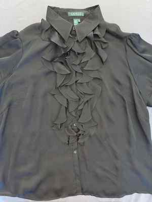 Blusa Ralph Lauren de seda con volantes para mujer 20 W negra manga corta caprichosa Foto 1 de 4