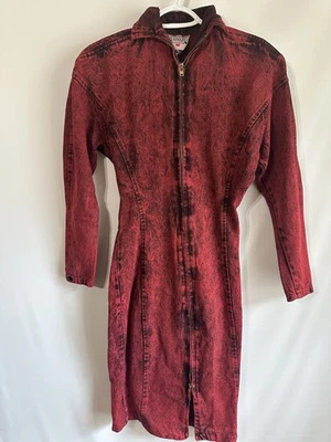 Vtg 80s Contempo Casuals Red Acid Wash Denim Midi Wiggle Dress Sz 3 Grunge Zip - Image 1 of 4