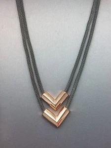 Awesome Signed Necklace Double Black Cord V Pendants Rose Gold 16 & 17 Inch - Picture 1 of 8