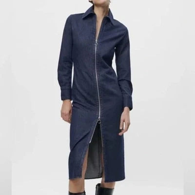 Zara zippered dark denim column midi dress 2-way zip 100% cotton long sleeve S - Image 1 of 4