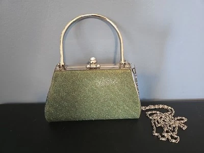 Sparkly Green  Silver Metal Evening Clutch Purse With chain or handle - Image 1 of 4
