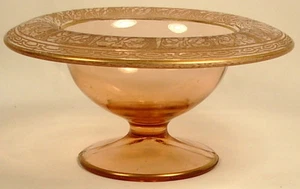 PINK DEPRESSION GLASS FOOTED COMPOTE COMPORT LILIES GOLD TRIM - Picture 1 of 4