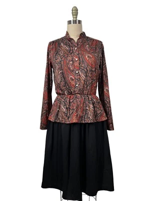 Vtg 70s Paisley Polyester Secretary Geek Conservative Dress Peplum SZ 10 / USA - Image 1 of 4