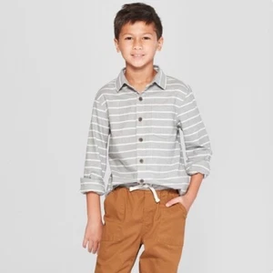 Cat & Jack Boys XXL Husky Grey Flannel White Stripe Button Up Shirt - Picture 1 of 3