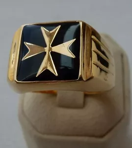 new yellow gold plated maltese cross square ring solid all sizes black smalt - Picture 1 of 5