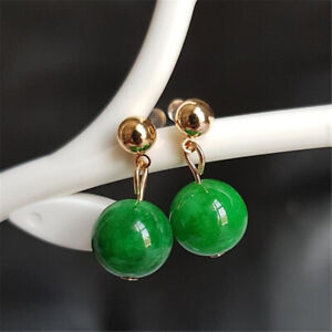 10mm Natural Green jadeite Earrings Dangle 18KGP Chain Ms gift Easter Wedding