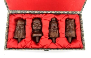 Vintage 4 Piece Chinese Hand Carved Emperor Wooden Heads - New in Box - Picture 1 of 8