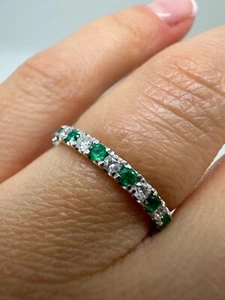 PLATINUM HALF ETERNITY GREEN EMERALD AND DIAMONDS RING 0.46CT GG540 - Picture 1 of 23