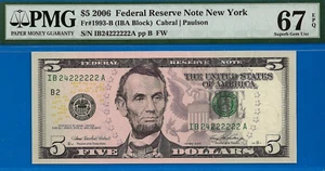 2006 $5 Federal Reserve Note PMG 67EPQ 2nd finest near solid serial 24222222 - Picture 1 of 5