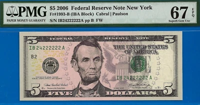 2006 $5 Federal Reserve Note PMG 67EPQ 2nd finest near solid serial 24222222 - Image 1 of 4
