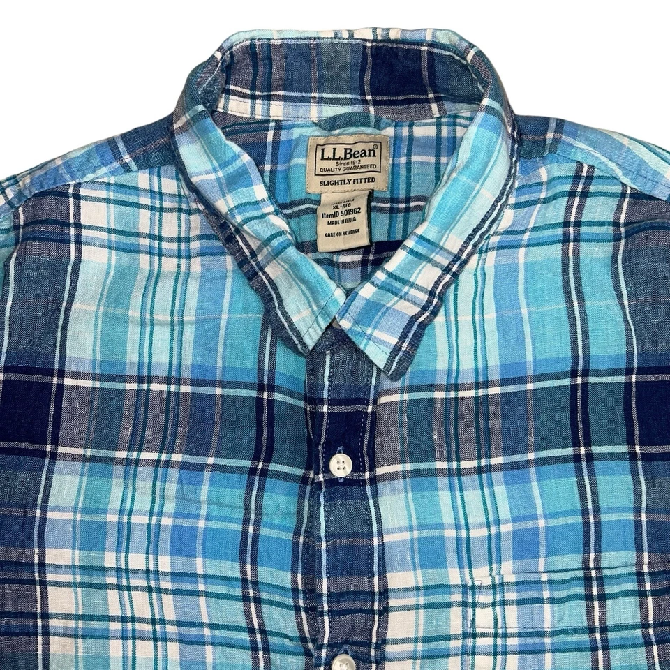 L.L. Bean Mens XL Blue Plaid Linen Short Sleeve Button Up Shirt - Image 1 of 4