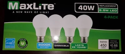 Maxlite 40w Equivalent LED 4 Daylight Bulbs 5000k Dimmable A19 - Image 1 of 4