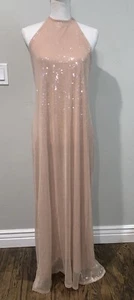 ZARA WOMEN’S LONG SEQUIN HALTER NECK DRESS IN BEIGE/PINK SZ L NWOT - Picture 1 of 12