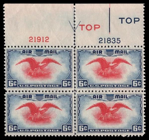 US Scott # C23, Eagle & Globe, Plate Block of (4) 1938 6¢ Airmail Stamps, MNH - Picture 1 of 1