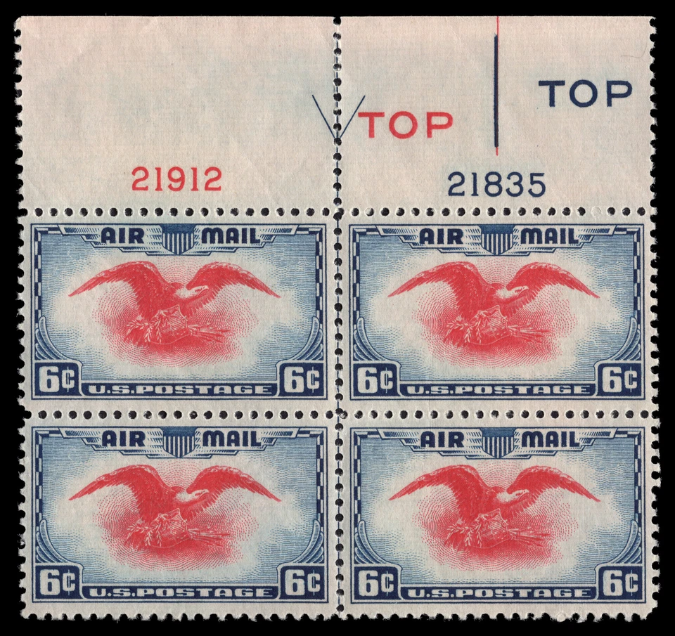 US Scott # C23, Eagle & Globe, Plate Block of (4) 1938 6¢ Airmail Stamps, MNH - Image 1 of 1