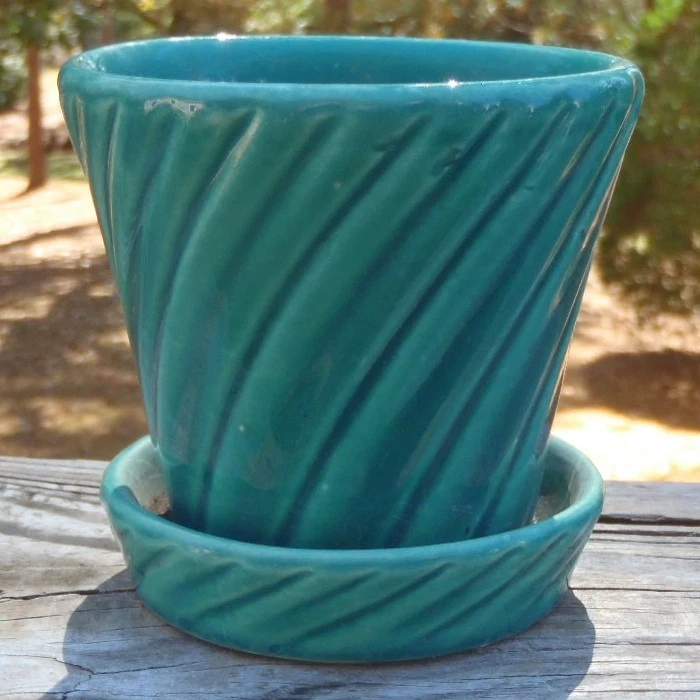Vintage Shawnee Embossed Swirl Pottery 3.5" PLANTER FLOWER POT w/Attached Saucer - Image 1 of 4