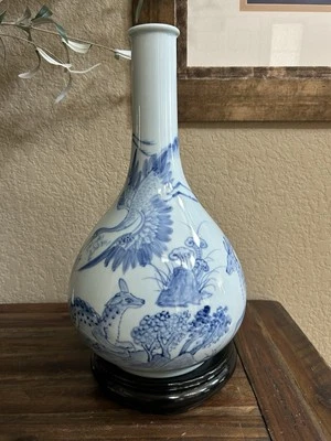 Elegant Korean Blue & White Porcelain Vase Cranes Deer & Scenic Motifs Antique Foto 1 de 4