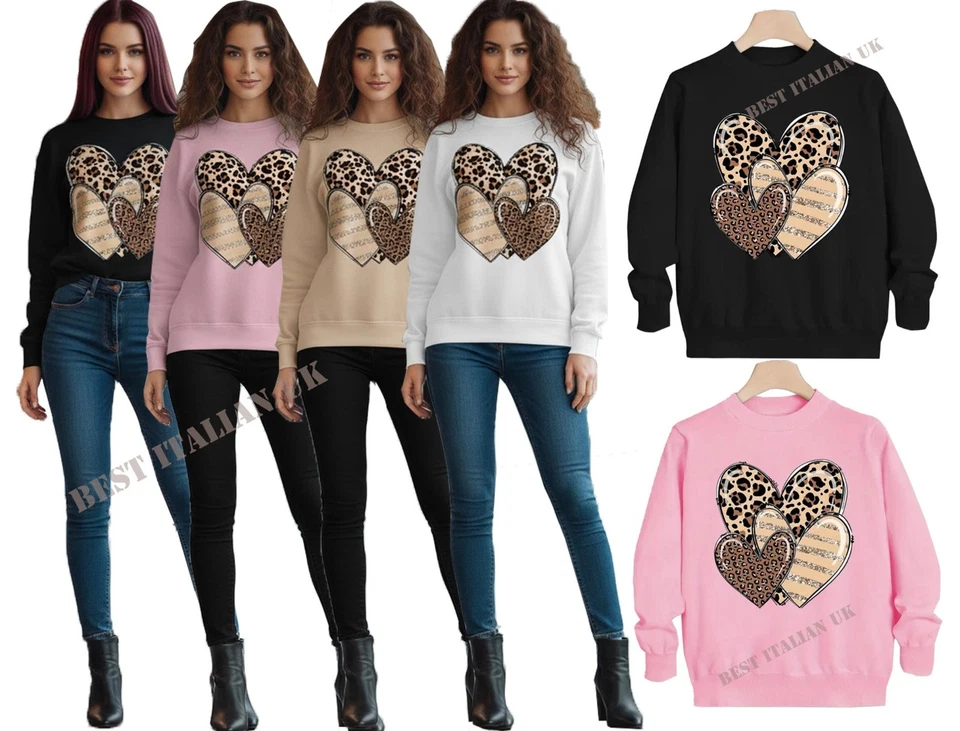 Womens Leopard3 Hearts Print Ruched Sleeve Crew Neck Fleece Oversized Sweatshirt - Image 1 of 1