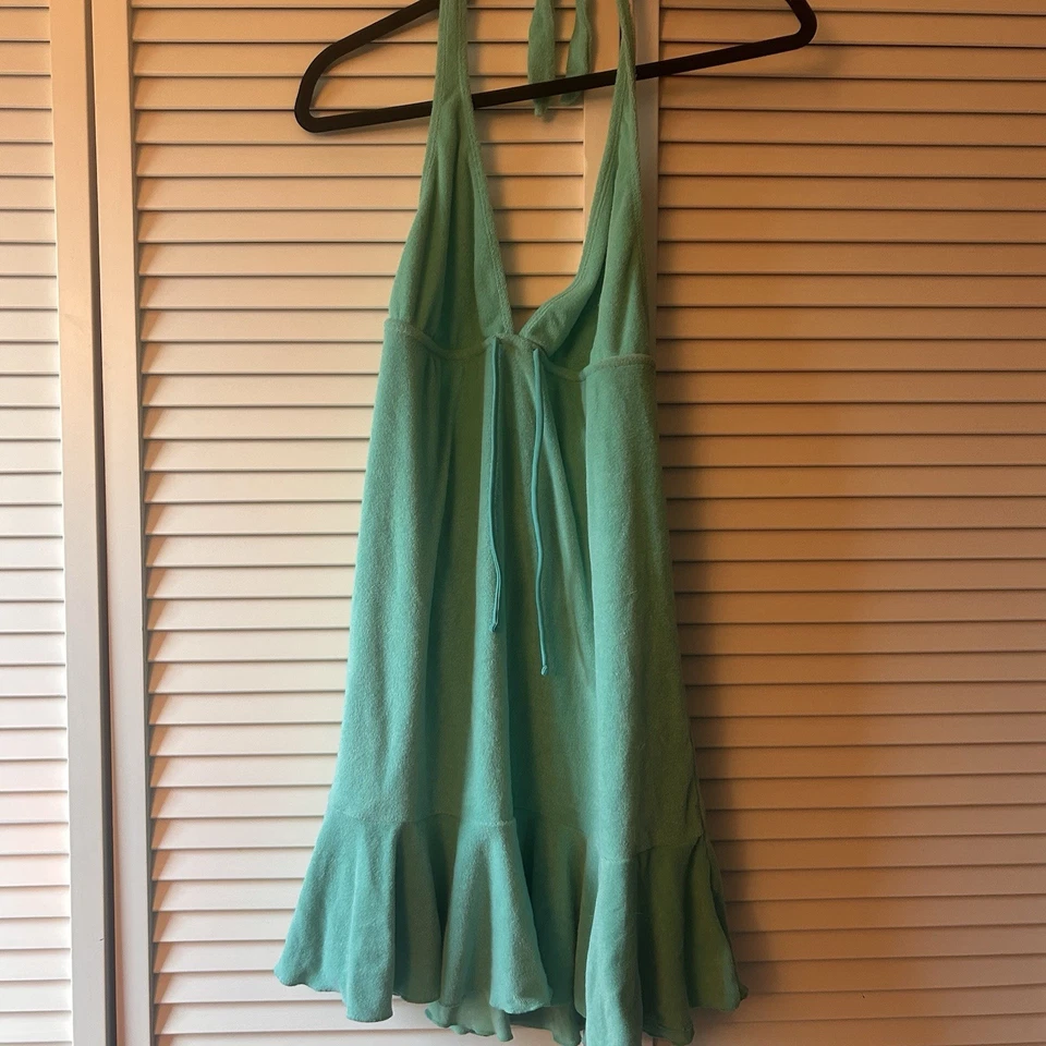 Ralph Lauren 大号 Y2K 蓝绿色 TerryCloth 挂颈游泳遮瑕连衣裙 — 第 1/4 张图片