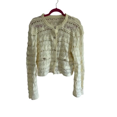 Cárdigan suéter de ganchillo tejido crema para mujer 1X botón dorado abuela Foto 1 de 4