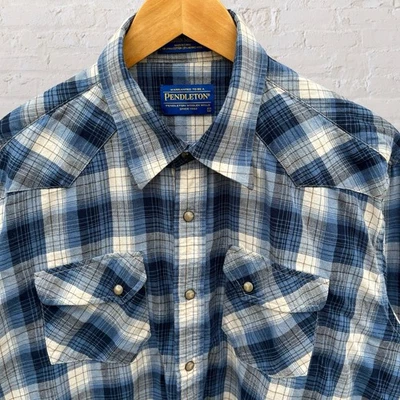 Pendleton Pearl Snap Shirt Wool Blend Western Blue Plaid Long Sleeve Men's Large - Image 1 of 4