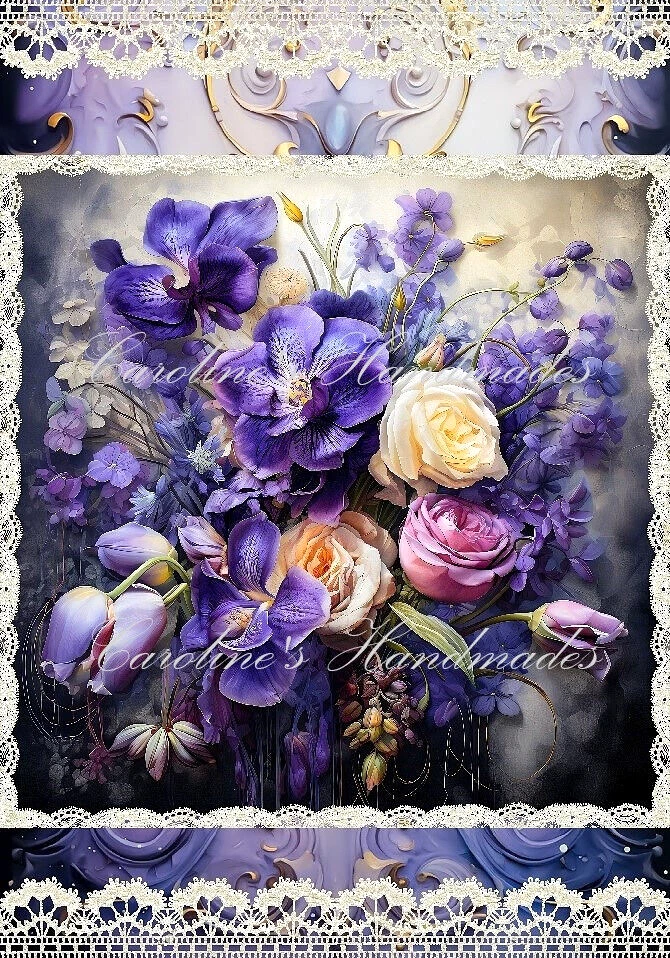 Purple Flowers Roses & Lace Designer Cotton Fabric Quilt Block Multi-size - Image 1 of 1