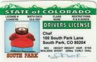 South Park dessin animé CHEF Issac Hayes plastique collectionneur carte d'identité permis de conduire