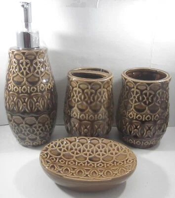 4 pc Bathroom Set Toothbrush Soap Holder Dispenser Tumbler Shiny Brown Ceramic - Image 1 of 4