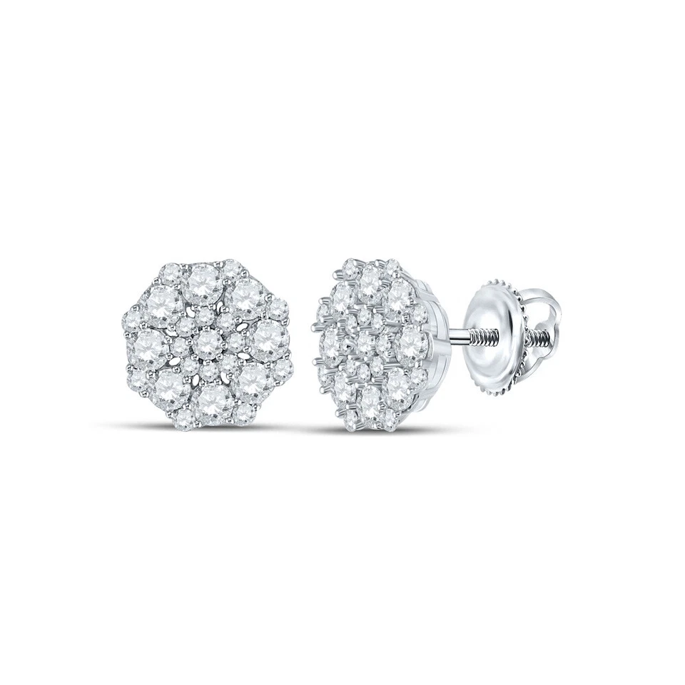 14kt White Gold Womens Round Diamond Octagon Cluster Earrings 1-1/4 Cttw - Image 1 of 1