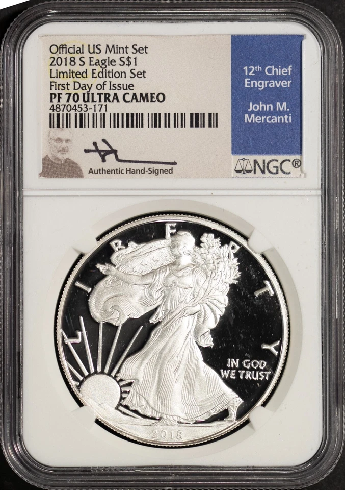 2018-S Silver Proof Set Limited Ed. 8 Slabbed NGC Coins Set John Mercanti PF70 - Image 1 of 4