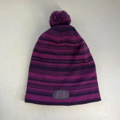 Under Armour Beanie 女式均码紫色条纹针织绒球网眼衬里 — 第 1/4 张图片