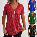 Womens Button V-Neck Tops T-Shirts Ladies Short Sleeve Casual Blouse Tee Plus
