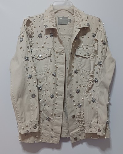 OFF WHITE ASOS Statement Denim Abbellita Manica Lunga Off Bianco US 2 Tasca Rippata