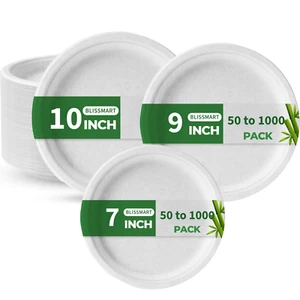 Bagasse Paper Plates Disposable Party Plates Heavy Duty Eco Microwave Safe 7" 9" - Picture 1 of 15