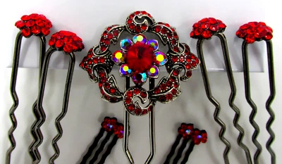 Hair Pin Fork Shades of Red Crystal Rhinestones AB Accents Hair Accessories Lot - Image 1 of 4
