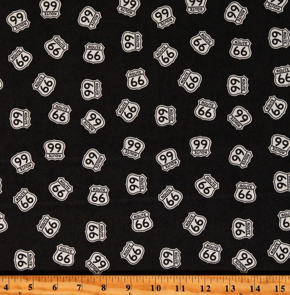 棉质66号公路标志旅行公路旅行黑色棉织物印花按码D685.68 — 第 1/1 张图片