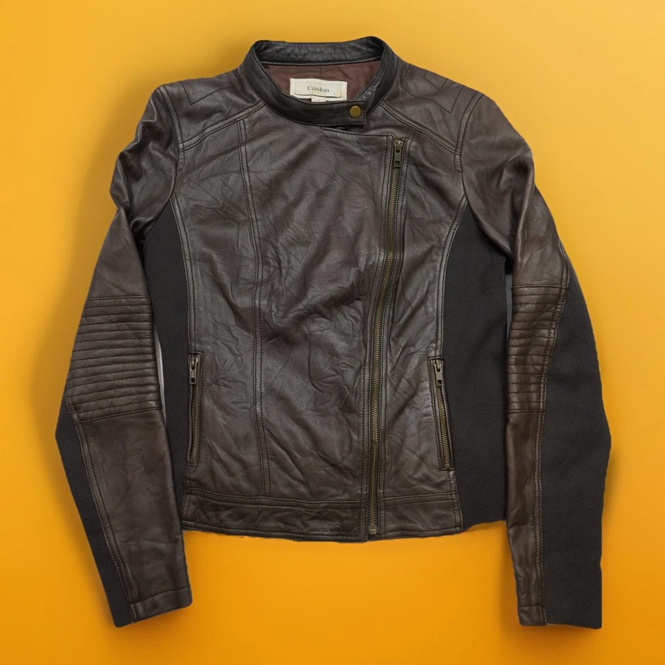 Chaqueta de Cuero Caslon De Colección Talla Mediana Para Mujer Marrón Cremallera Moto Manga Larga De Colección Foto 1 de 4