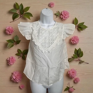 Camicetta bianca all'uncinetto MNG Basics taglia 2 maniche a cappuccio bottoni posteriori boho top - Foto 1 di 6