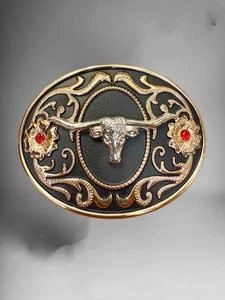 Long Horn Bull Western Cowboy Belt Buckle Hebilla Vaquera Rodeo Con Toro - Picture 1 of 2