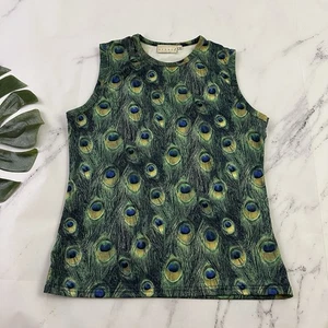 Hennes Womens Vintage Y2k Tank Top Size M Green Blue Peacock Feather Print - Picture 1 of 8