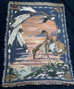 Vtg Native American Riding Horse Tapestry Throw Blanket 68" × 50" - Picture 1 of 6