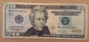 Fancy Serial Number US Currency $20 FRN Series 2013 Trinary Note MK32663636G - Picture 1 of 2