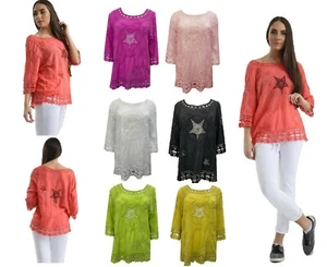 Neu Damen Frauen Lagenlook Stern Baumwolle bestickt Spitze Tunika Bluse Top - Bild 1 von 10
