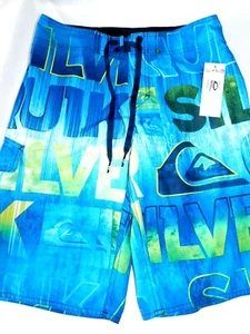 NEW BIG BOYS 28/16 QUIKSILVER LOGO BOARD SWIM SHORTS BOTTOMS LIME GREEN BLUE - Picture 1 of 4