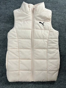 PUMA Girl's Quilted Puffer Vest Full Zip Side Pockets Light Pink Black Logo Sz S - Picture 1 of 12